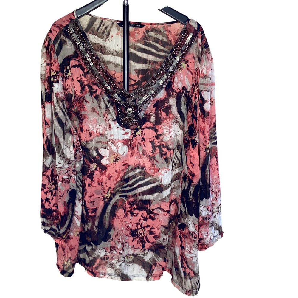 Zac & Rachel Woman Floral Animal Print Beaded V-Neck Blouse Coral Pink Plus Size